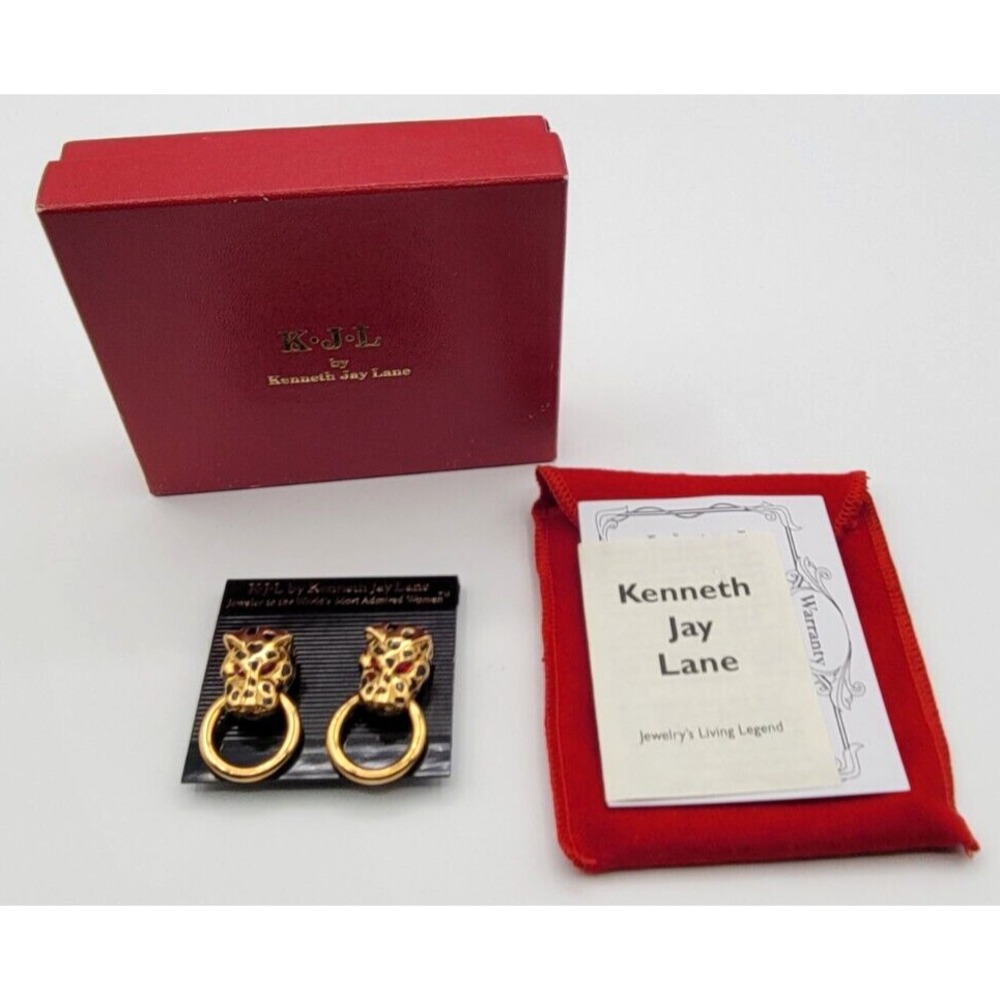 KENNETH‎ JAY LANE GOLD TONE RED RHINESTONE LEOPARD DOOR KNOCKER CLIP ON EARRINGS